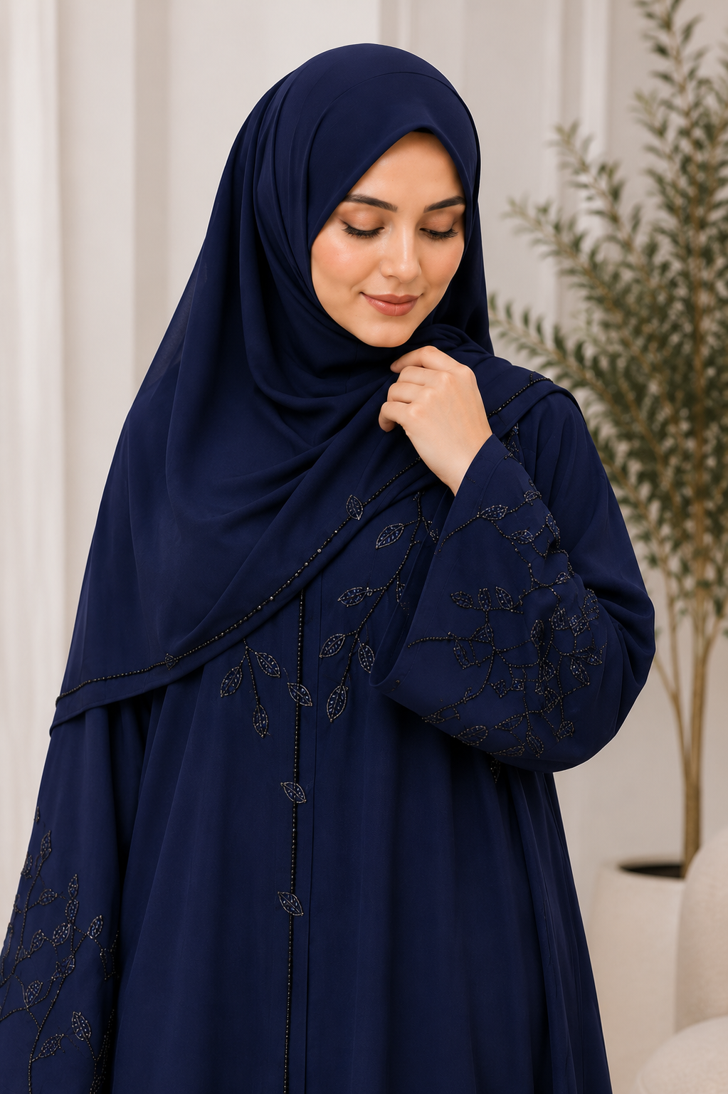 Navy Blue Embroidered Abaya with Matching Hijab | Elegant Flared Modest Dress