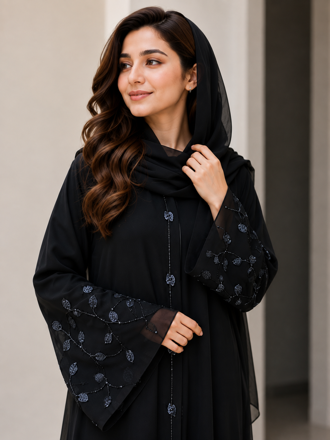 Black Embroidered Abaya with Matching Hijab | Elegant Flared Modest Dress