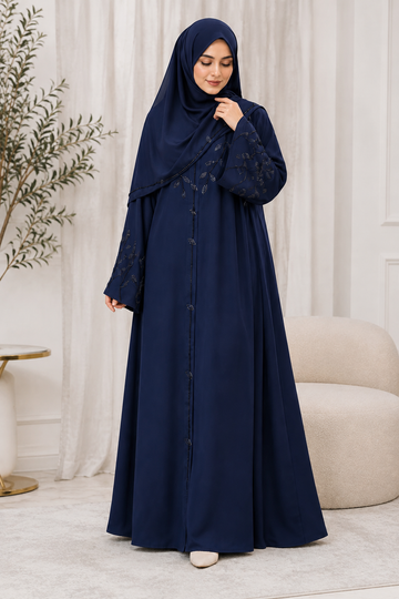 Navy Blue Embroidered Abaya with Matching Hijab | Elegant Flared Modest Dress