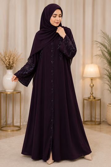 Deep Plum Embroidered Abaya with Matching Hijab | Elegant Floral Modest Dress