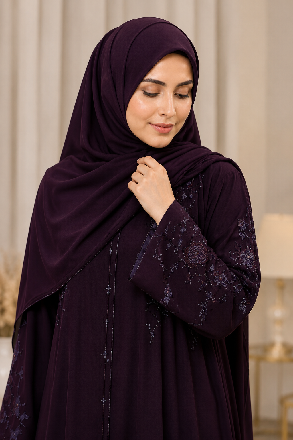 Deep Plum Embroidered Abaya with Matching Hijab | Elegant Floral Modest Dress