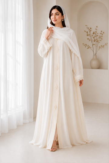 Ivory Embroidered Abaya with Matching Sheer Hijab | Elegant Flared Modest Dress