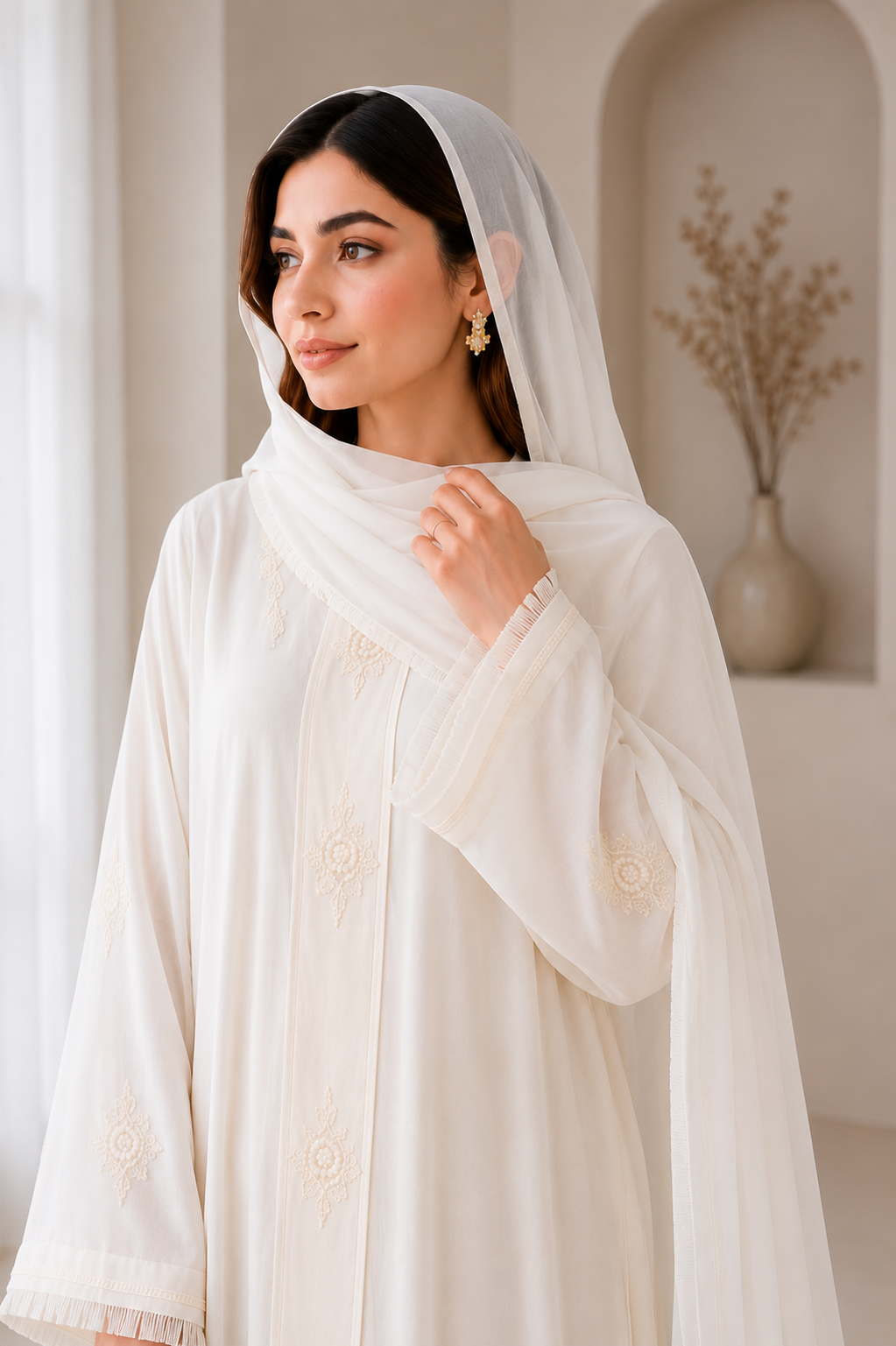 Ivory Embroidered Abaya with Matching Sheer Hijab | Elegant Flared Modest Dress