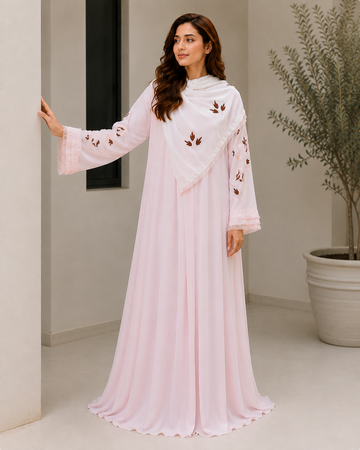 Roselle Bloom™ Soft Pink Embroidered Abaya with white embriodery Scarf