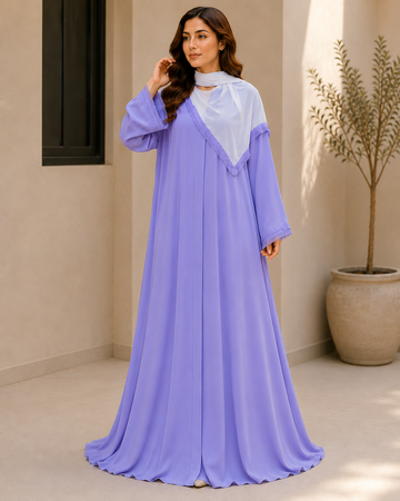 Lavender Abaya with White Dupatta | Elegant Flared Modest Dress