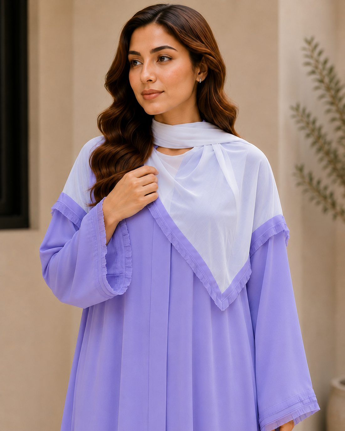 Lavender Abaya with White Dupatta | Elegant Flared Modest Dress