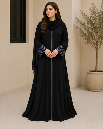 Black Hand-Embroidered Abaya with Matching Scarf | Elegant Flared Modest Dress