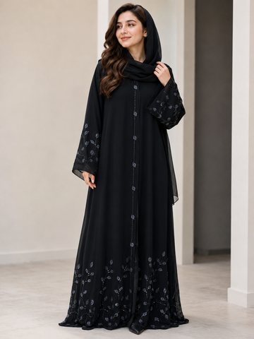 Black Embroidered Abaya with Matching Hijab | Elegant Flared Modest Dress