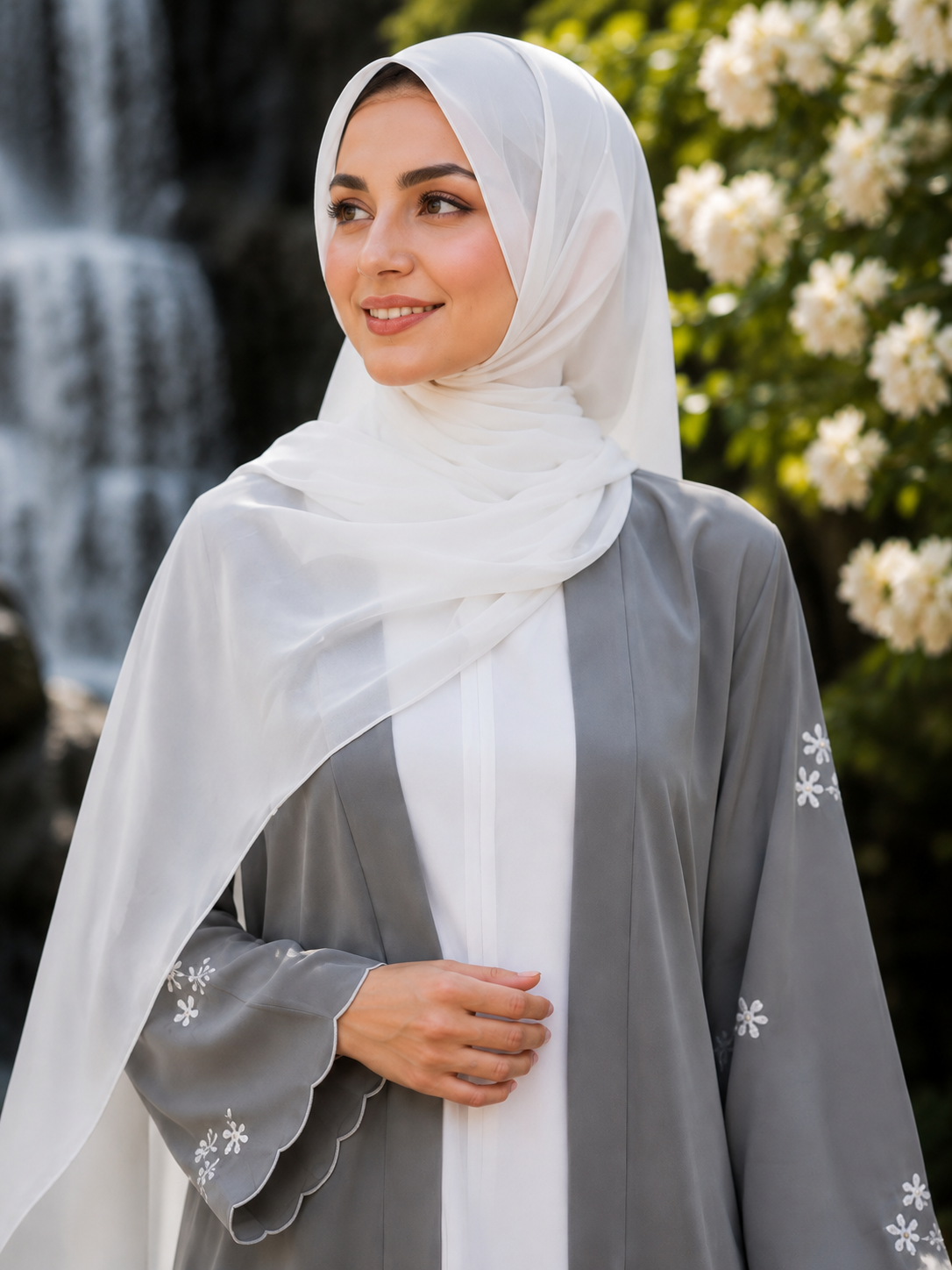 Elegant Grey Embroidered Open-Front Abaya with White Inner Dress & Chiffon Hijab