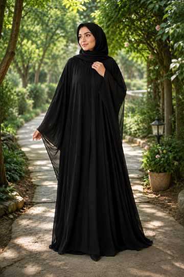 Elegant Black Flowing Butterfly Abaya with Matching Hijab