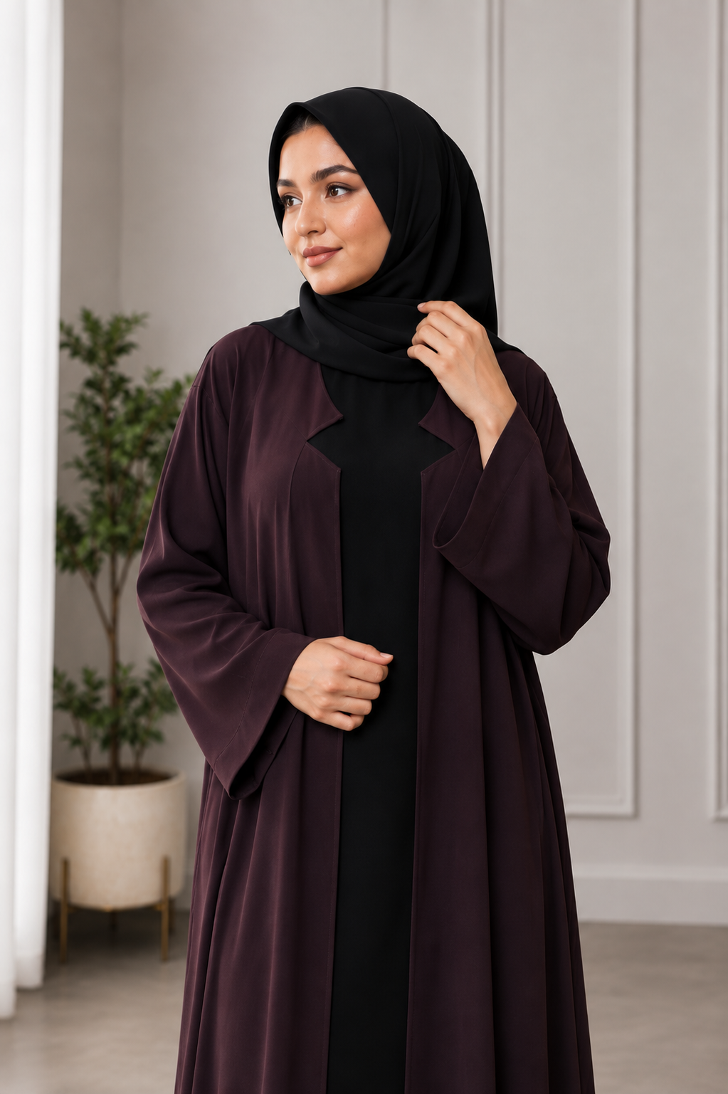 Elegant Deep Plum Open-Front Abaya with Black Inner Dress & Matching Hijab