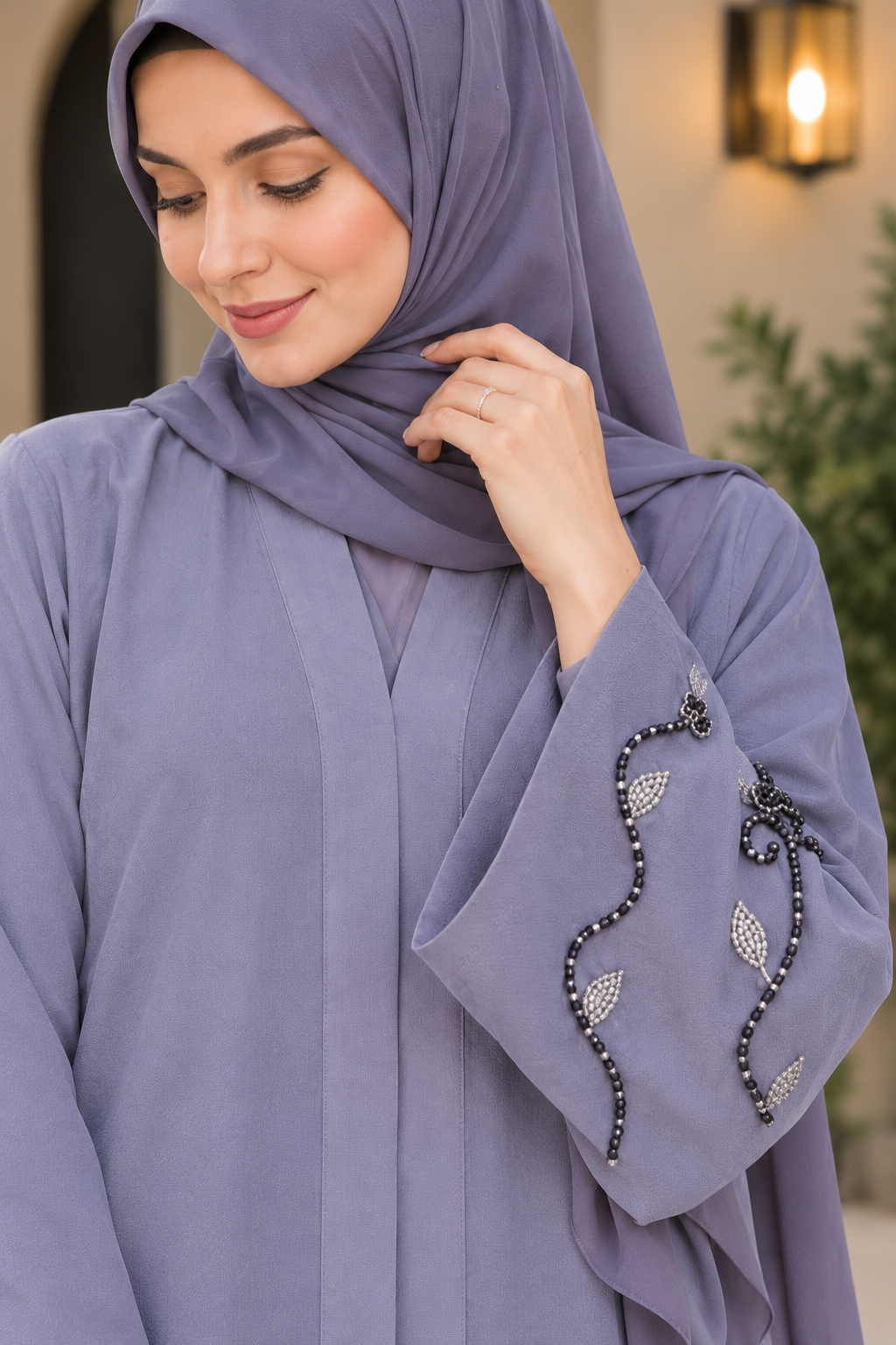 Lavender Embroidered A-Line Abaya with Matching Hijab