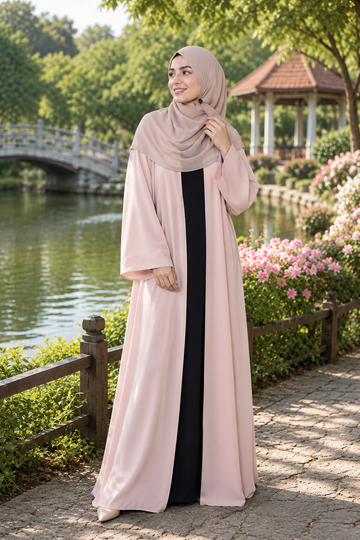 Blush Pink Open-Front Abaya with Black Inner & Matching Hijab