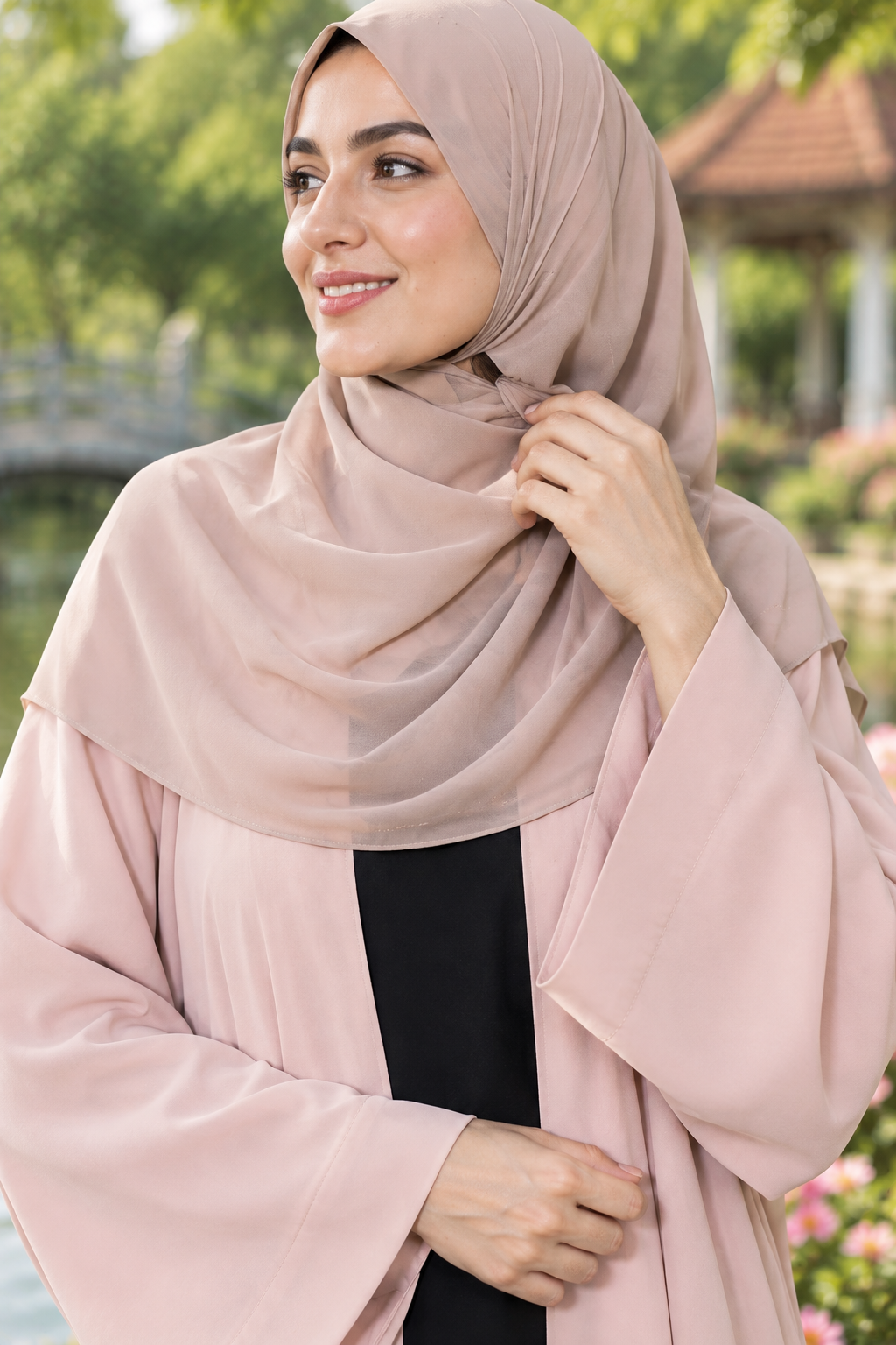 Blush Pink Open-Front Abaya with Black Inner & Matching Hijab