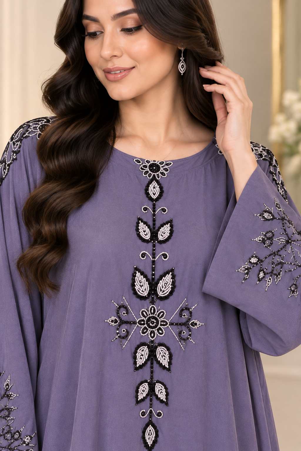 Premium Lavender Purple Embroidered Abaya | Elegant Nida-Like Fabric, Flared Modest Dress