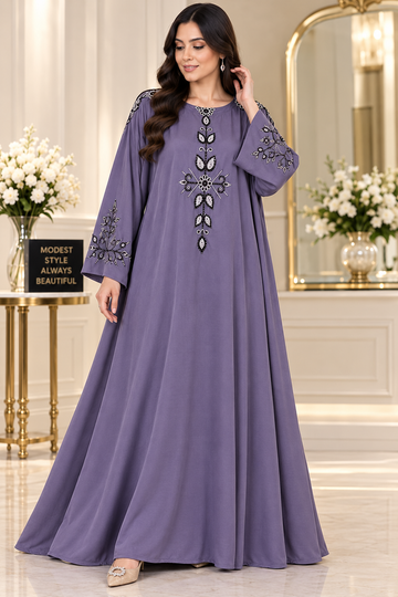 Premium Lavender Purple Embroidered Abaya | Elegant Nida-Like Fabric, Flared Modest Dress