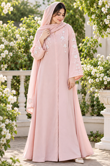 Blush Pink Embroidered Abaya with Matching Hijab | Elegant Floral Pearl Detailing & Flared Modest Dress