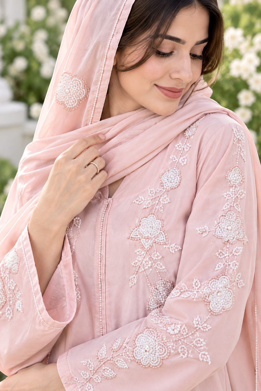 Blush Pink Embroidered Abaya with Matching Hijab | Elegant Floral Pearl Detailing & Flared Modest Dress