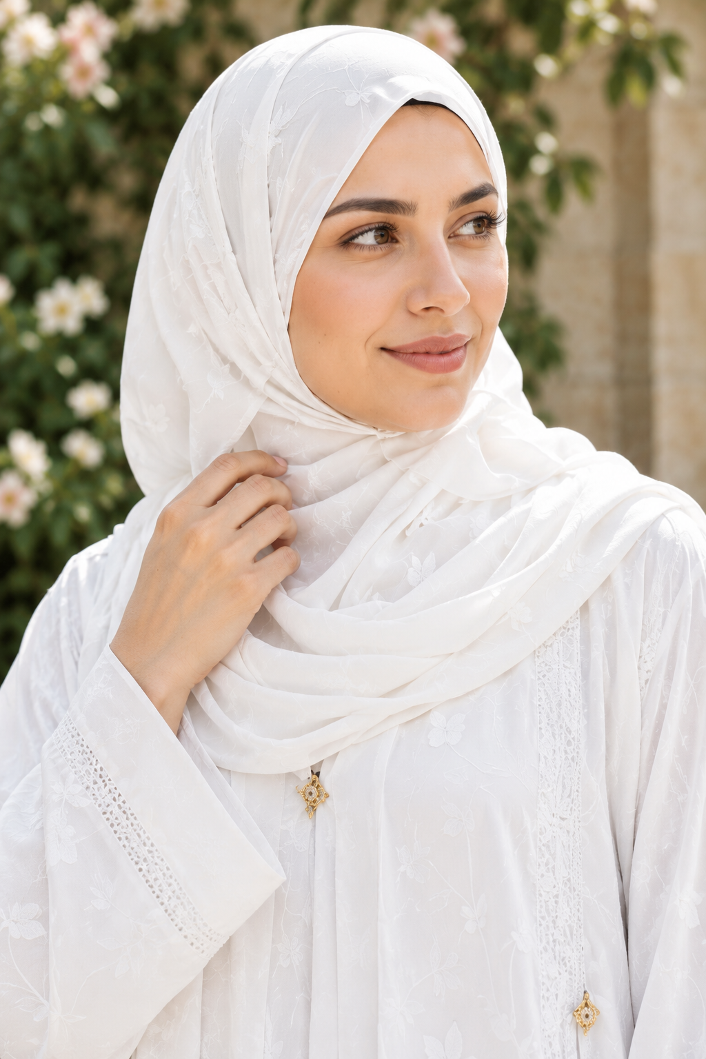 Elegant White Embroidered Modest Abaya with Matching Hijab
