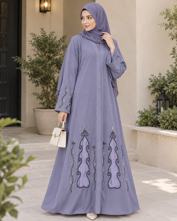 Lavender Embroidered A-Line Abaya with Matching Hijab