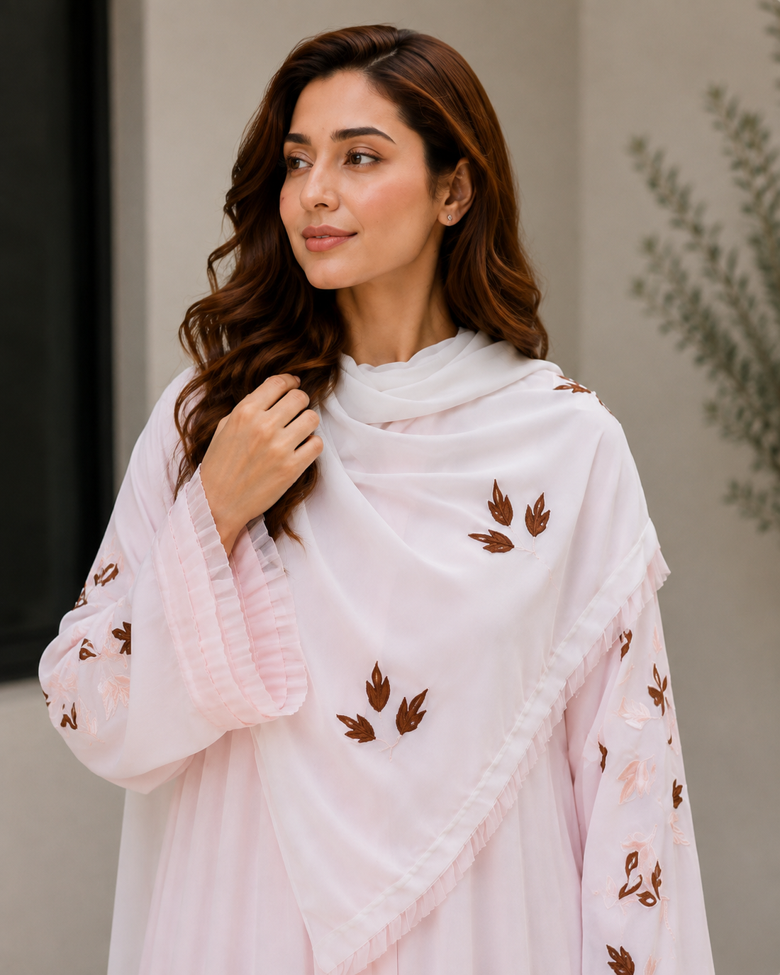 Roselle Bloom™ Soft Pink Embroidered Abaya with white embriodery Scarf