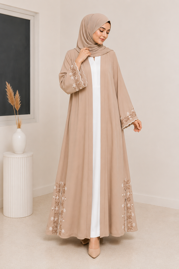 Beige Floral Embroidered Open-Front Abaya Set with Matching Hijab