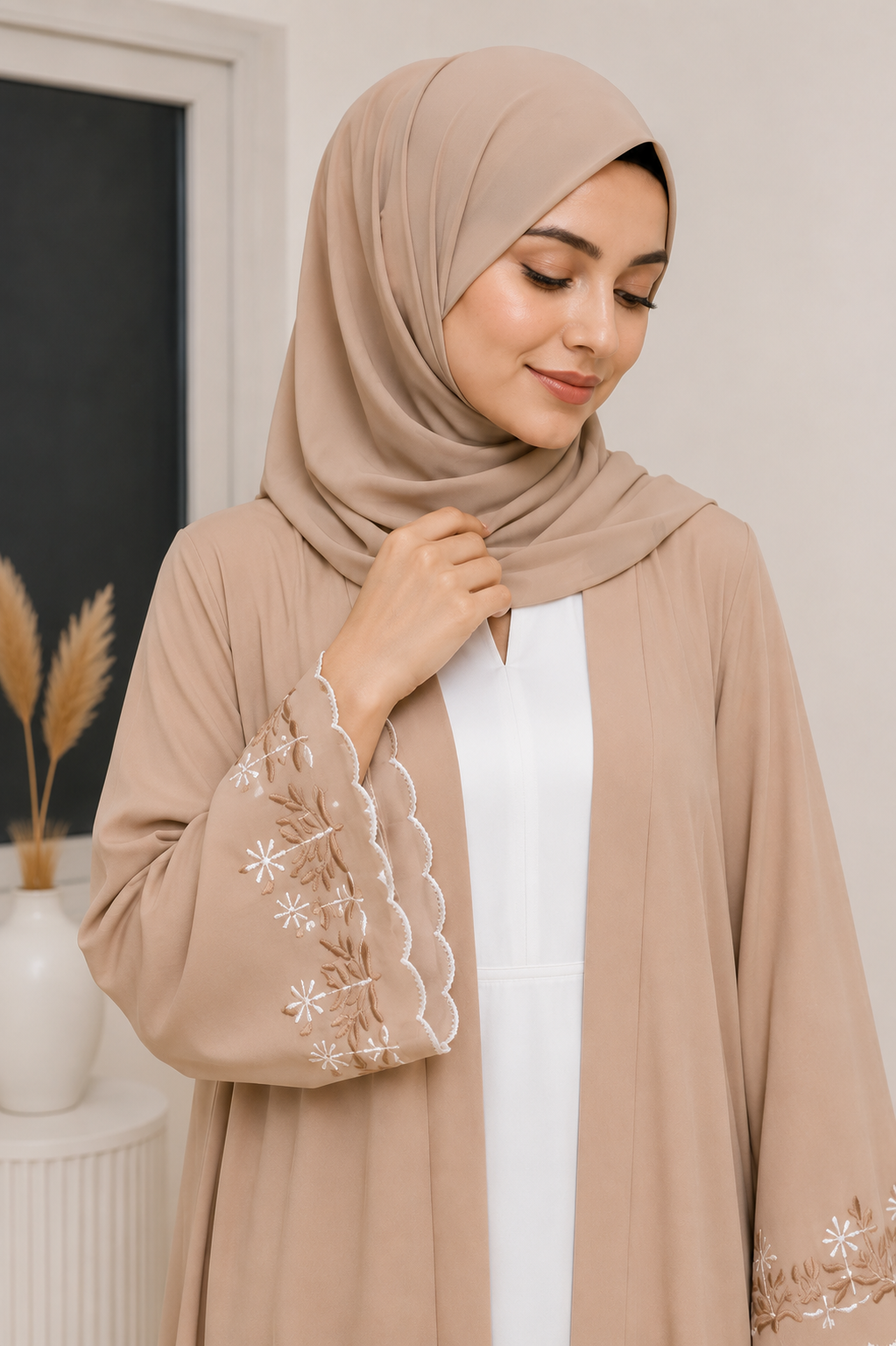 Beige Floral Embroidered Open-Front Abaya Set with Matching Hijab