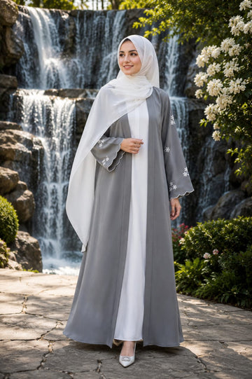 Elegant Grey Embroidered Open-Front Abaya with White Inner Dress & Chiffon Hijab