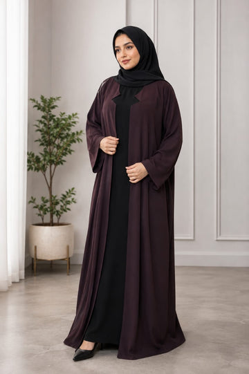 Elegant Deep Plum Open-Front Abaya with Black Inner Dress & Matching Hijab